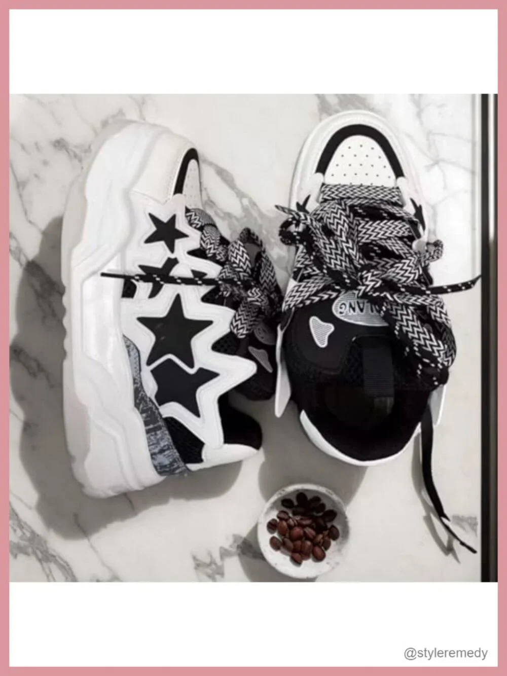 Women Chunky Sneakers Star Decor Dad Shoes Lace-Up Mesh Faux Leather Platform